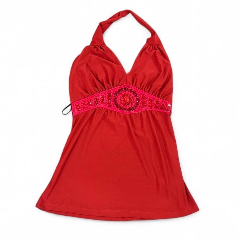 Red Y2K Beaded Halter Tank Top